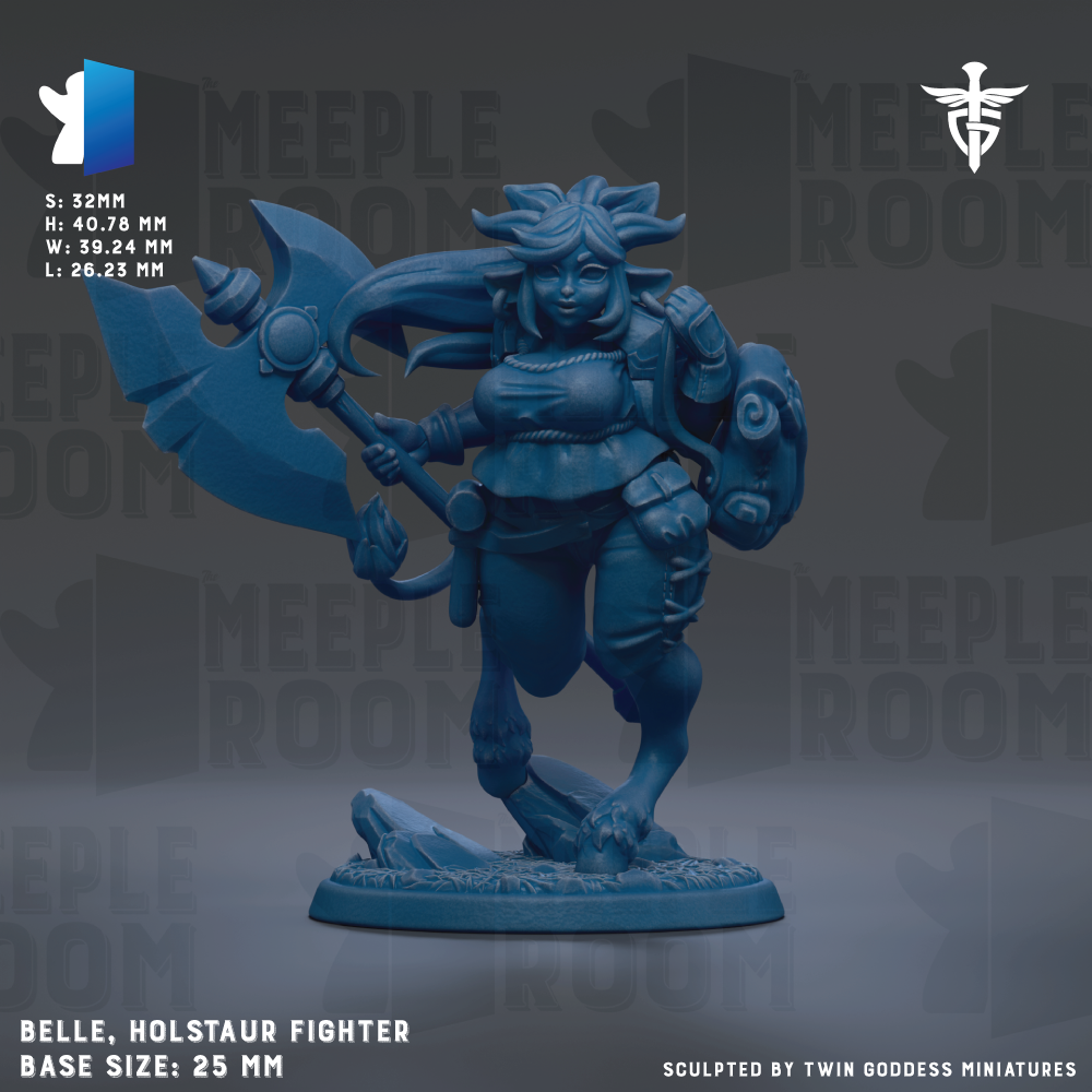 A figurine of a female character, identified as Belle, the Holstaur Fighter, is shown in the image. The figurine is depicted in a fighting stance, holding a large weapon. The image is described as a base size of 25mm and is sculpted by Twin Goddess Miniatures.