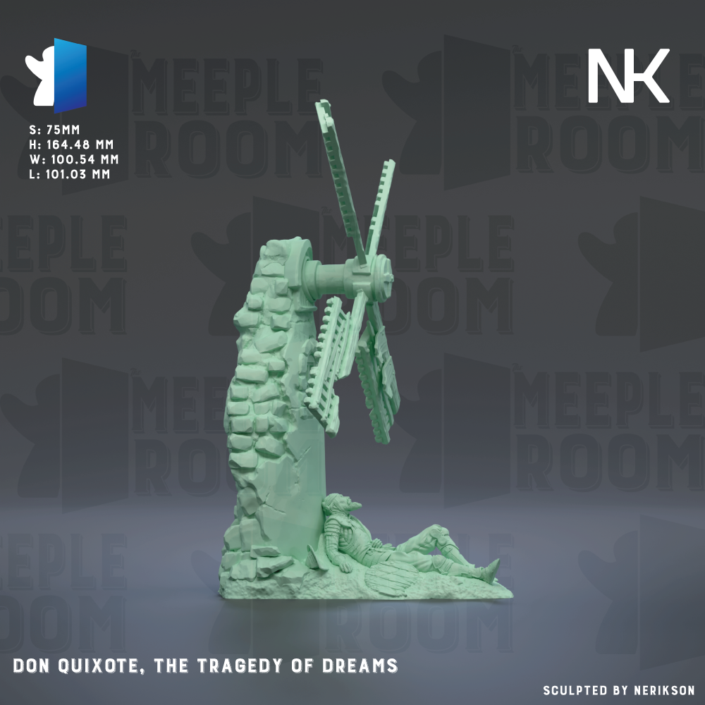 The image is a 3D rendering of a green sculpture depicting a windmill with a figure lying on the ground below it. The sculpture is titled "Don Quixote, The Tragedy of Dreams" and is described as a "Nek" model. The background features the text "MEUPLEROOM" repeated multiple times, suggesting the sculpture is part of a larger collection or exhibition.