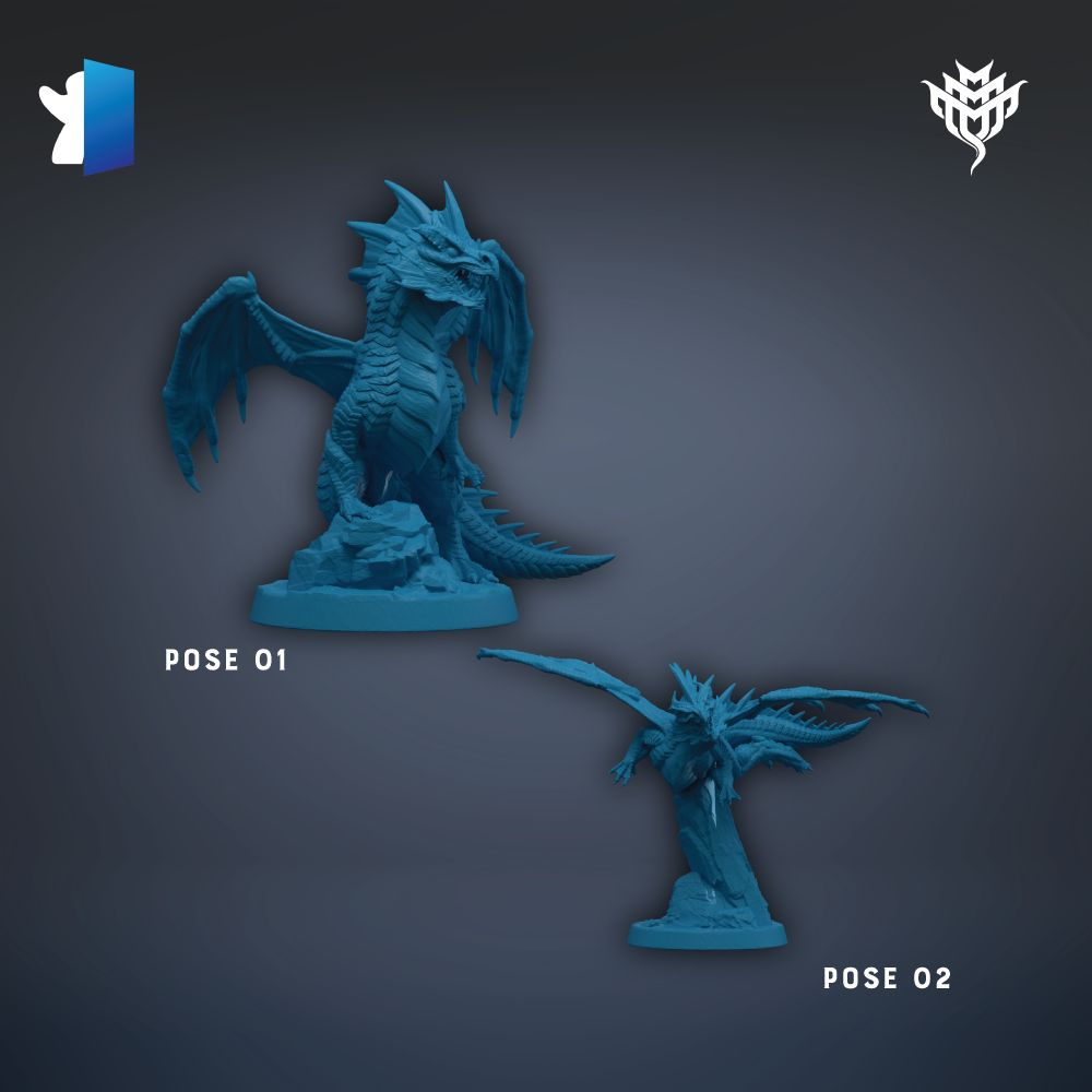 two blue dragon figurines, one standing on a rock and the other on a base, with the text "POSE 01" and "POSE 02" indicating the pose of each figurine.
