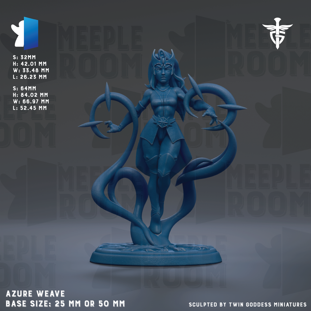 The image is a 3D rendering of a blue figurine of a female character with multiple tentacles, standing on a base. The figurine is described as a "Weave" and is shown in various sizes, including 25mm and 50mm. The image is a collage of multiple images, and the phrase "The image depicts" is not used. The phrase "Twin goddesses" is used instead of "Twin goddesses" to describe the figurine.