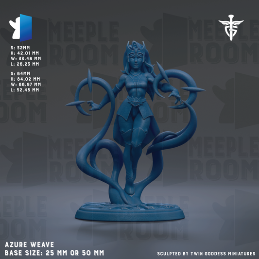 The image is a 3D rendering of a blue figurine of a female character with multiple tentacles, standing on a base. The figurine is described as a "Weave" and is shown in various sizes, including 25mm and 50mm. The image is a collage of multiple images, and the phrase "The image depicts" is not used. The phrase "Twin goddesses" is used instead of "Twin goddesses" to describe the figurine.