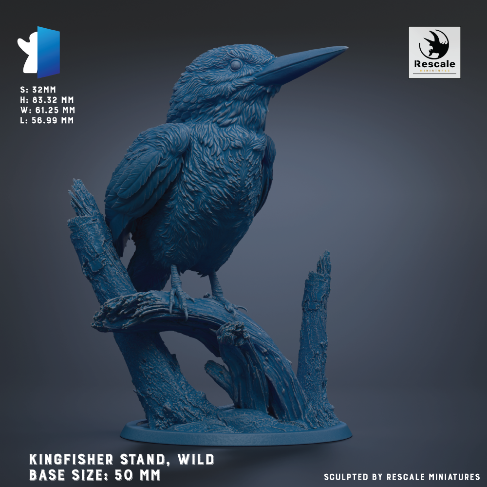 A 3D model of a blue bird, likely a kingfisher, perched on a branch. The bird is the main focus of the image, with some text providing information about the base size and the sculpting company.