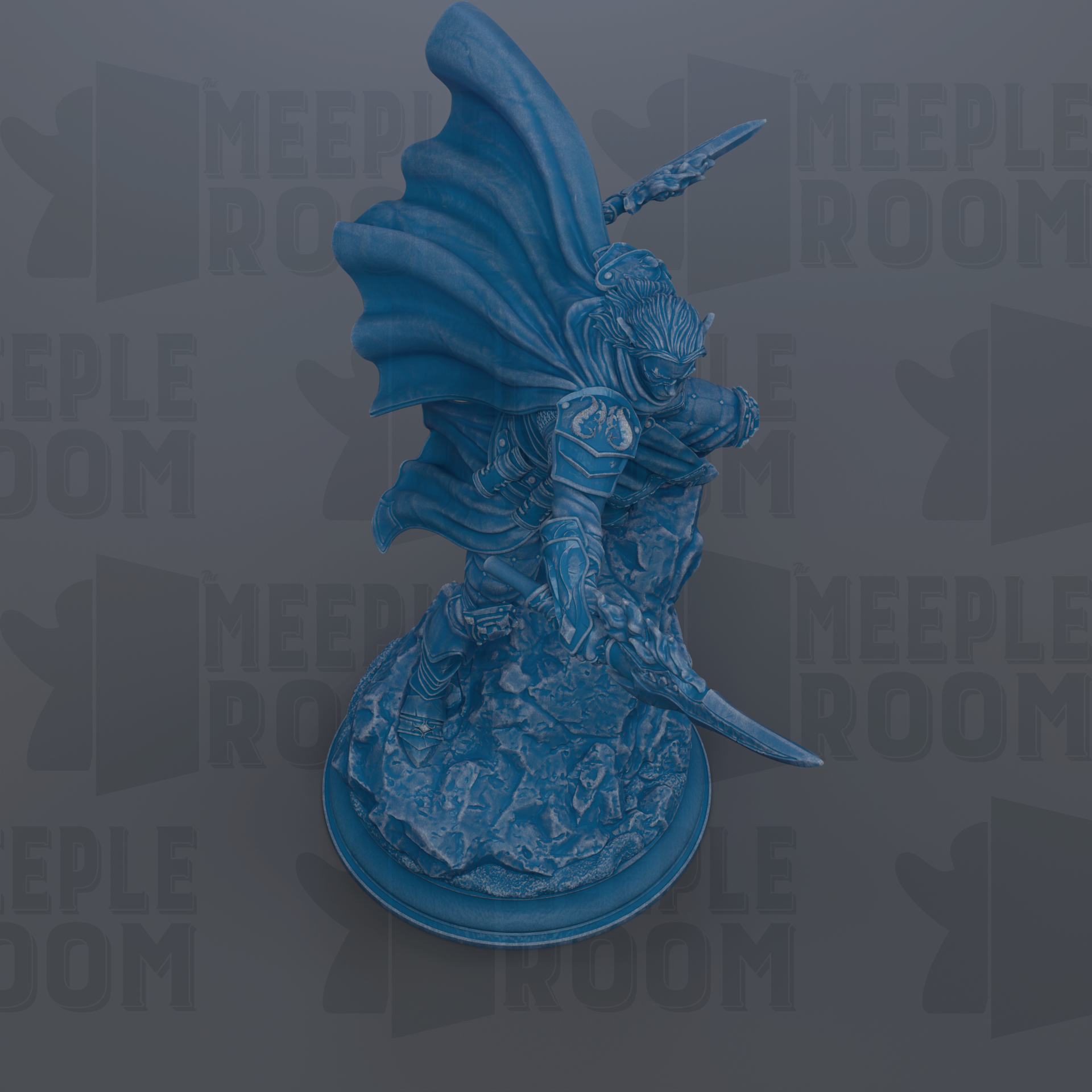 A blue statue of a warrior figure with a flowing cape and sword, standing on a rock formation.