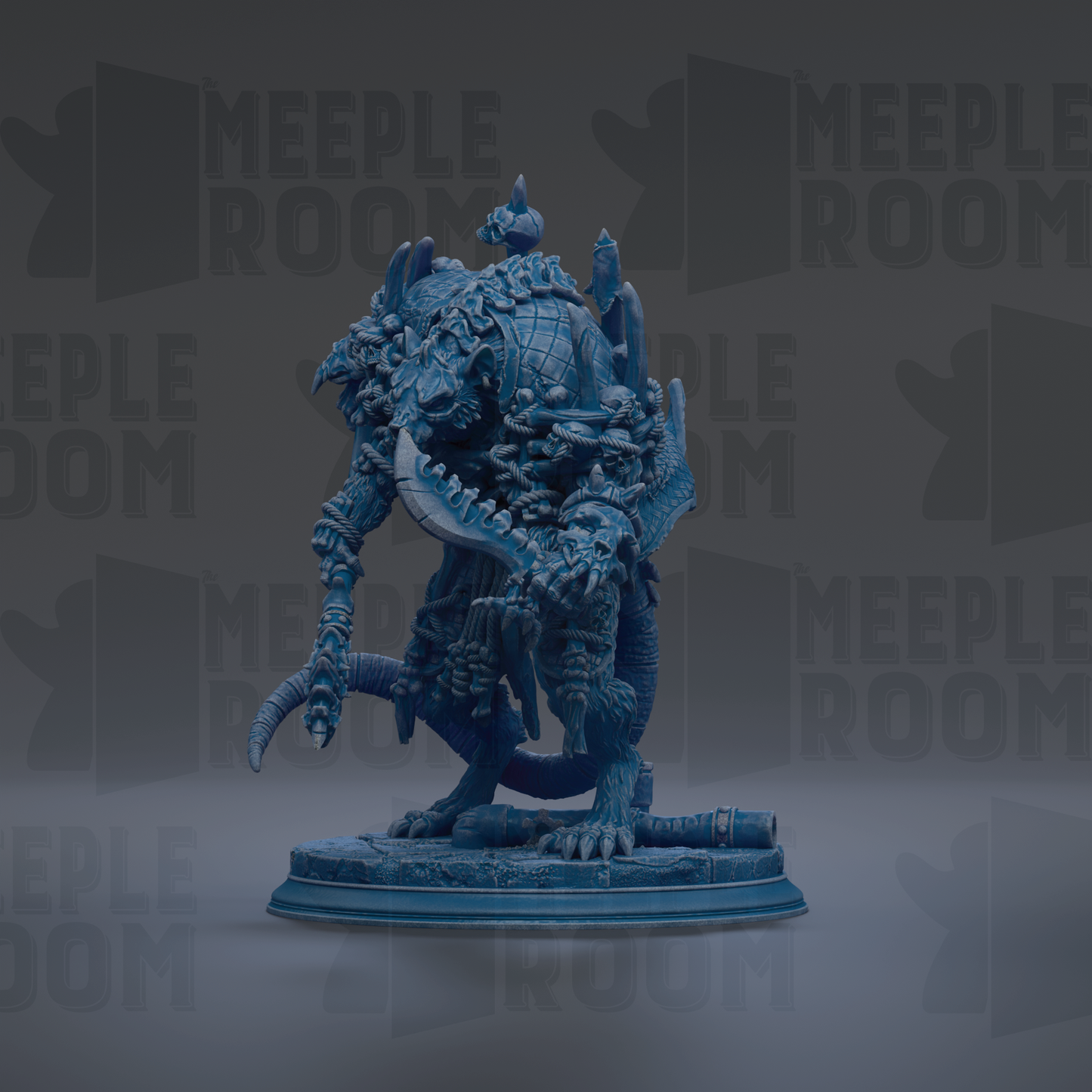A blue, 3D-rendered figurine of a fantastical creature with intricate details and sharp teeth, standing on a platform against a dark background with repeated text.