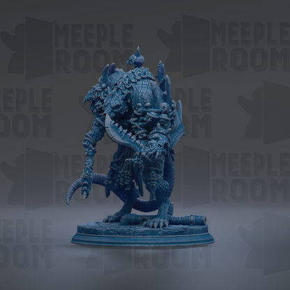 A blue, 3D-rendered figurine of a fantastical creature with intricate details and sharp teeth, standing on a platform against a dark background with repeated text.