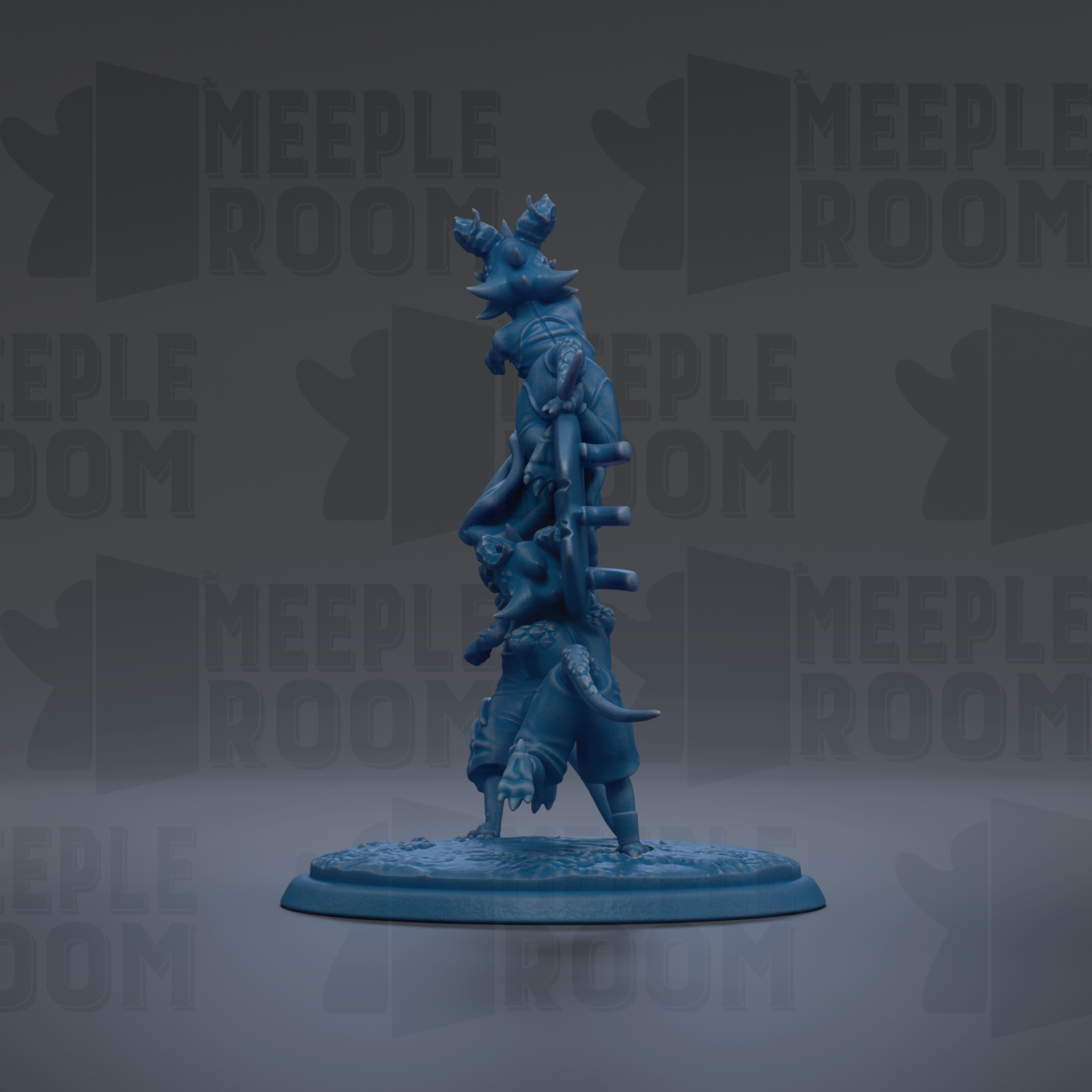 A blue figurine of a person standing on one leg, with another leg raised, is displayed against a dark background with repeated text.