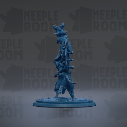 A blue figurine of a person standing on one leg, with another leg raised, is displayed against a dark background with repeated text.