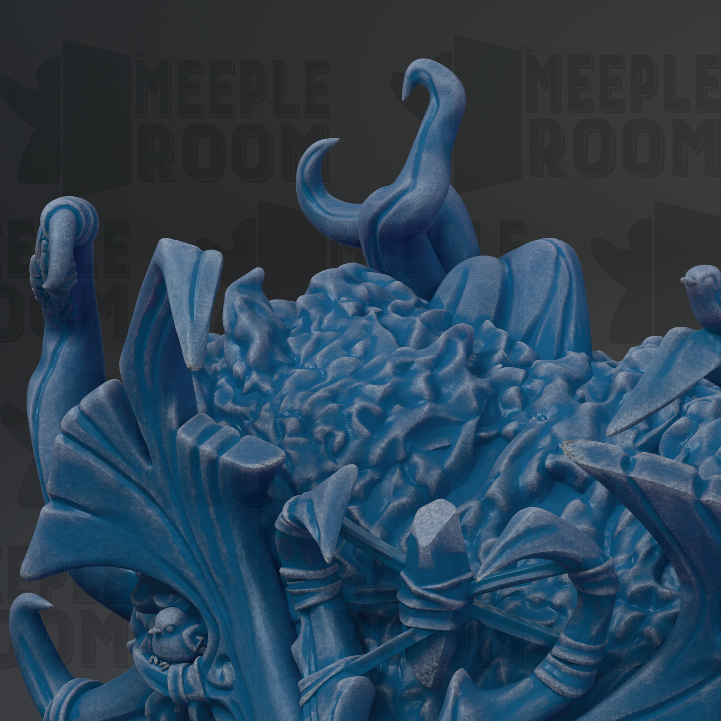 The image is a close-up of a blue, abstract sculpture with a textured, organic appearance.
