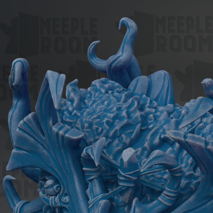 The image is a close-up of a blue, abstract sculpture with a textured, organic appearance.