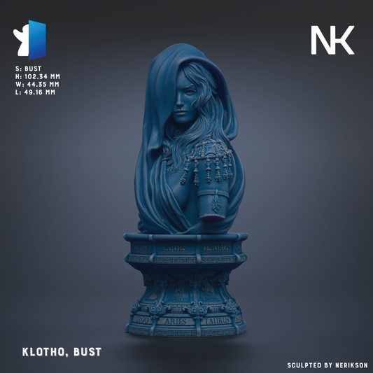 The image is a 3D model of a bust sculpture of a woman with long hair, wearing a hooded cloak. The sculpture is displayed on a pedestal with various inscriptions.