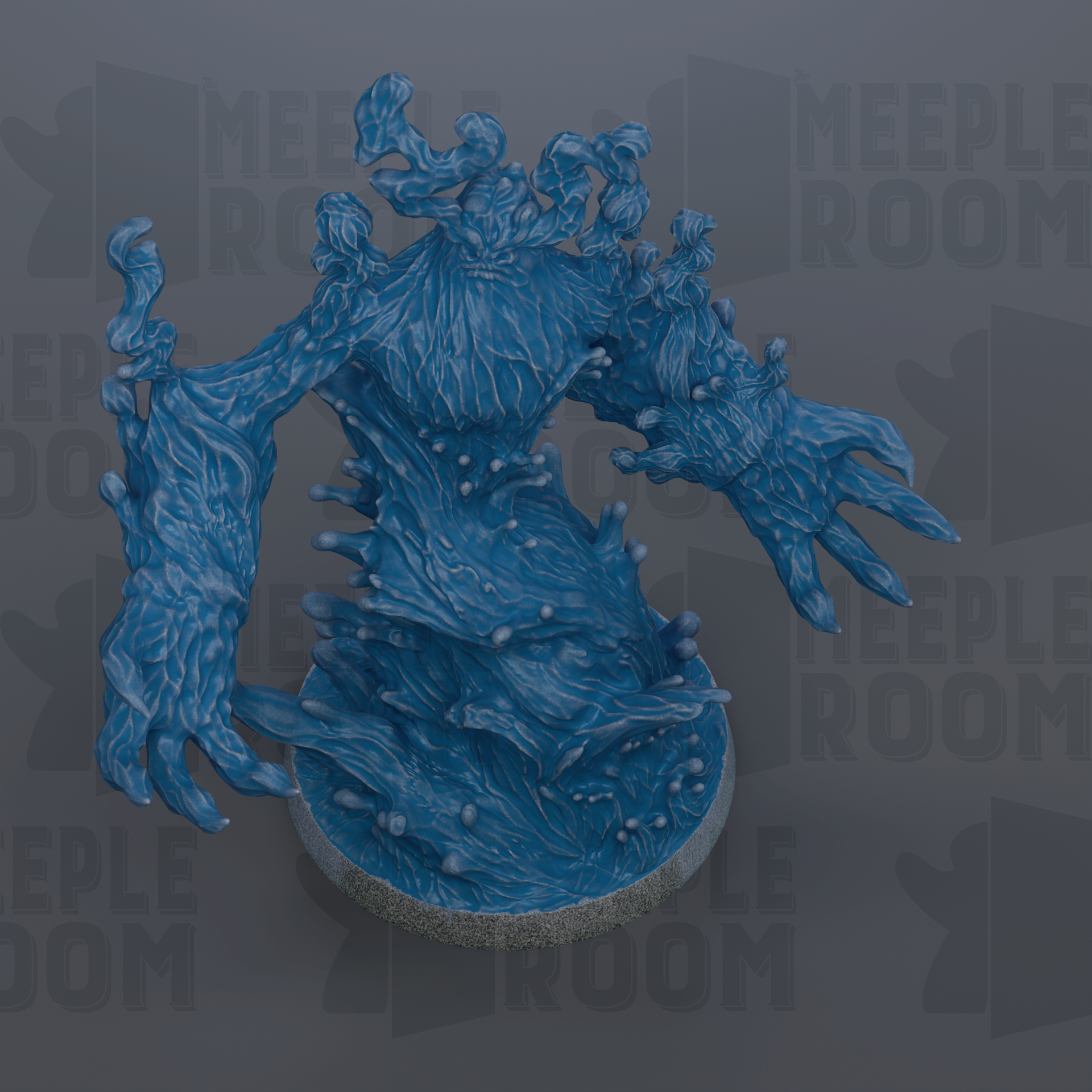A 3D rendering of a blue, fantastical creature with flowing, organic shapes and textures, resembling a mythical or magical being.