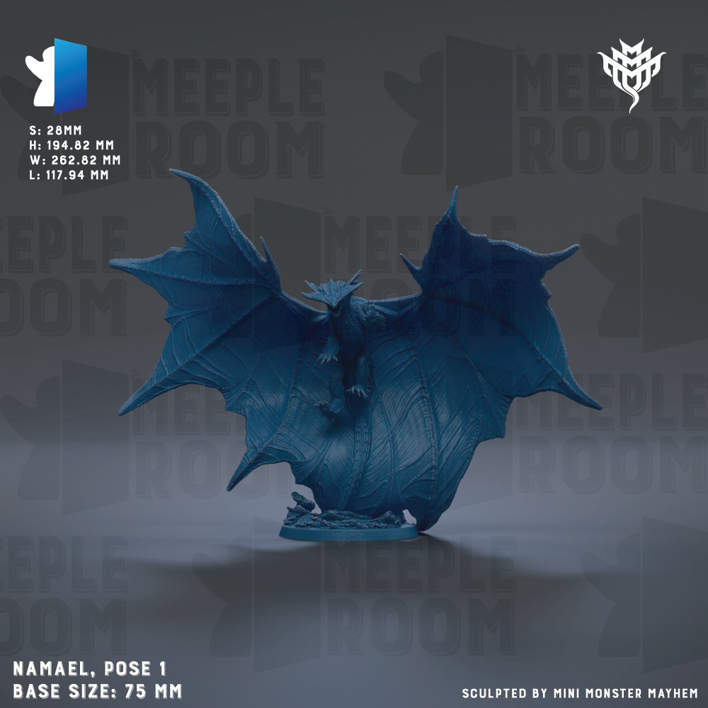 A blue bat-like creature with wings and a tail, standing on a base. The image is labeled "NAMEL, pose 1, base size: 75 mm".