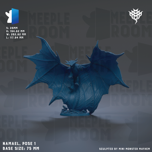 A blue bat-like creature with wings and a tail, standing on a base. The image is labeled "NAMEL, pose 1, base size: 75 mm".