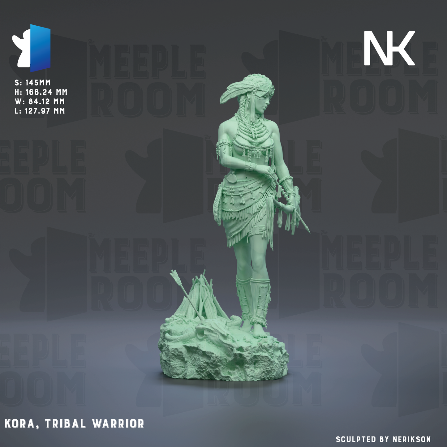 a green statue of a tribal warrior, specifically Kora, standing on a rock.