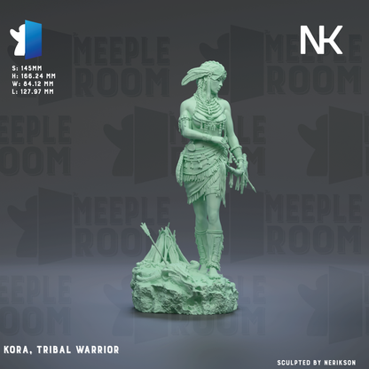 a green statue of a tribal warrior, specifically Kora, standing on a rock.