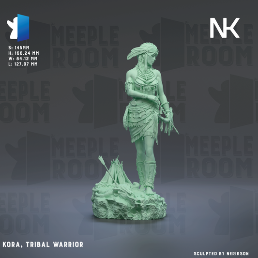 a green statue of a tribal warrior, specifically Kora, standing on a rock.