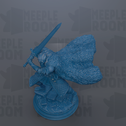 A blue figurine of a warrior wielding a sword and shield, standing on a base and facing to the right.