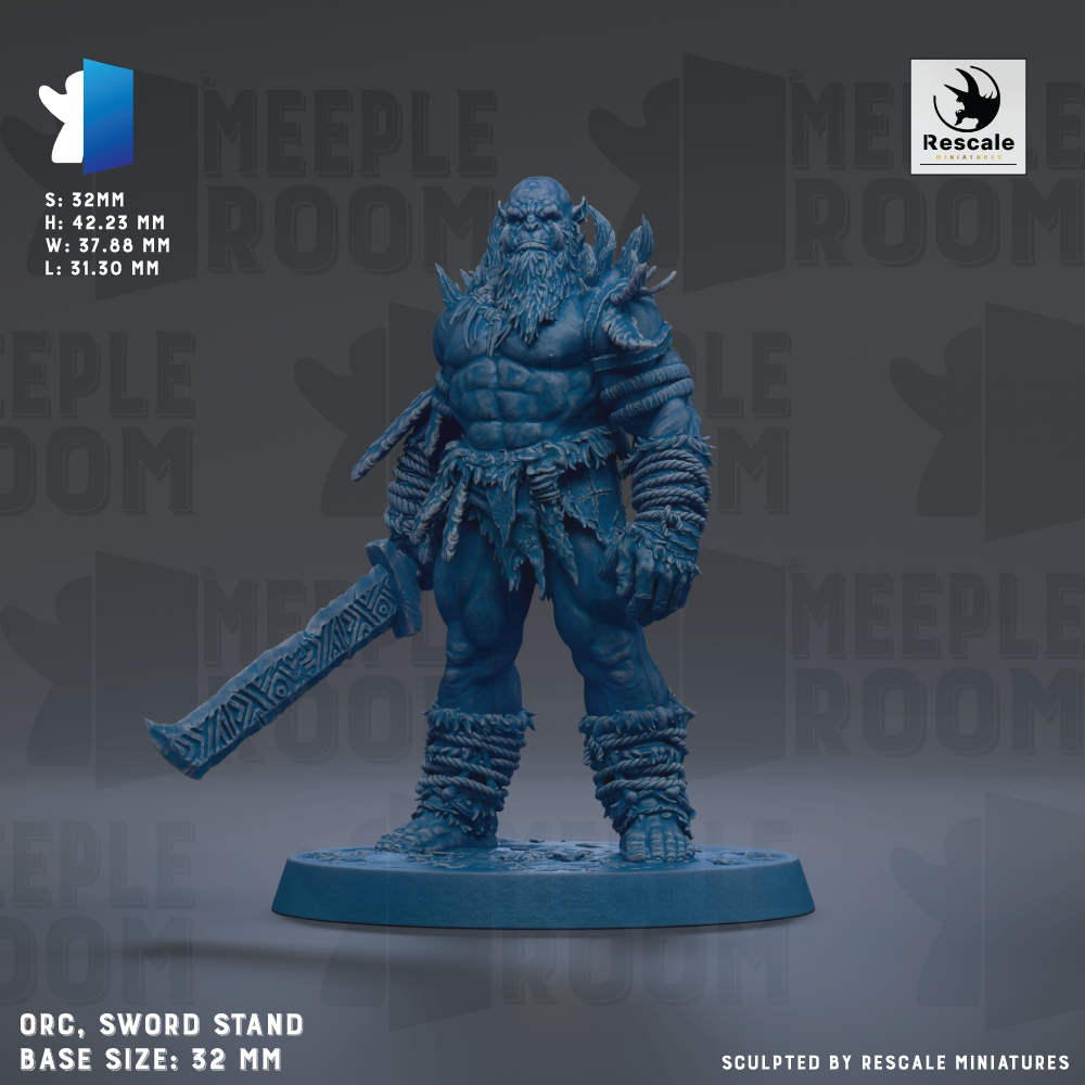 a blue warrior figurine standing on a sword stand, holding a large sword in its right hand. The figurine is set against a dark background with the text "MEUPLE ROOM" visible. The figurine is described as an "ORC. SWORD STAND" and has a base size of 32mm. The image is a collage of multiple images, and the phrase "Sculpted by RESCALE MINIATURES" is mentioned at the bottom.