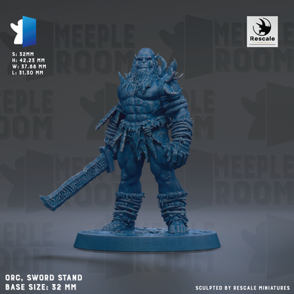 a blue warrior figurine standing on a sword stand, holding a large sword in its right hand. The figurine is set against a dark background with the text "MEUPLE ROOM" visible. The figurine is described as an "ORC. SWORD STAND" and has a base size of 32mm. The image is a collage of multiple images, and the phrase "Sculpted by RESCALE MINIATURES" is mentioned at the bottom.