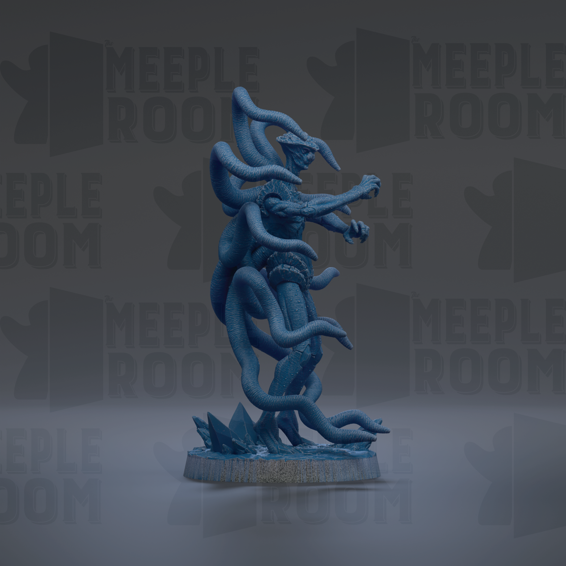 a blue, abstract sculpture with a unique, organic shape and multiple tentacles.