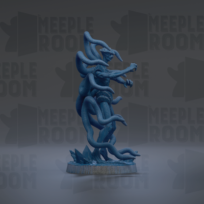 a blue, abstract sculpture with a unique, organic shape and multiple tentacles.