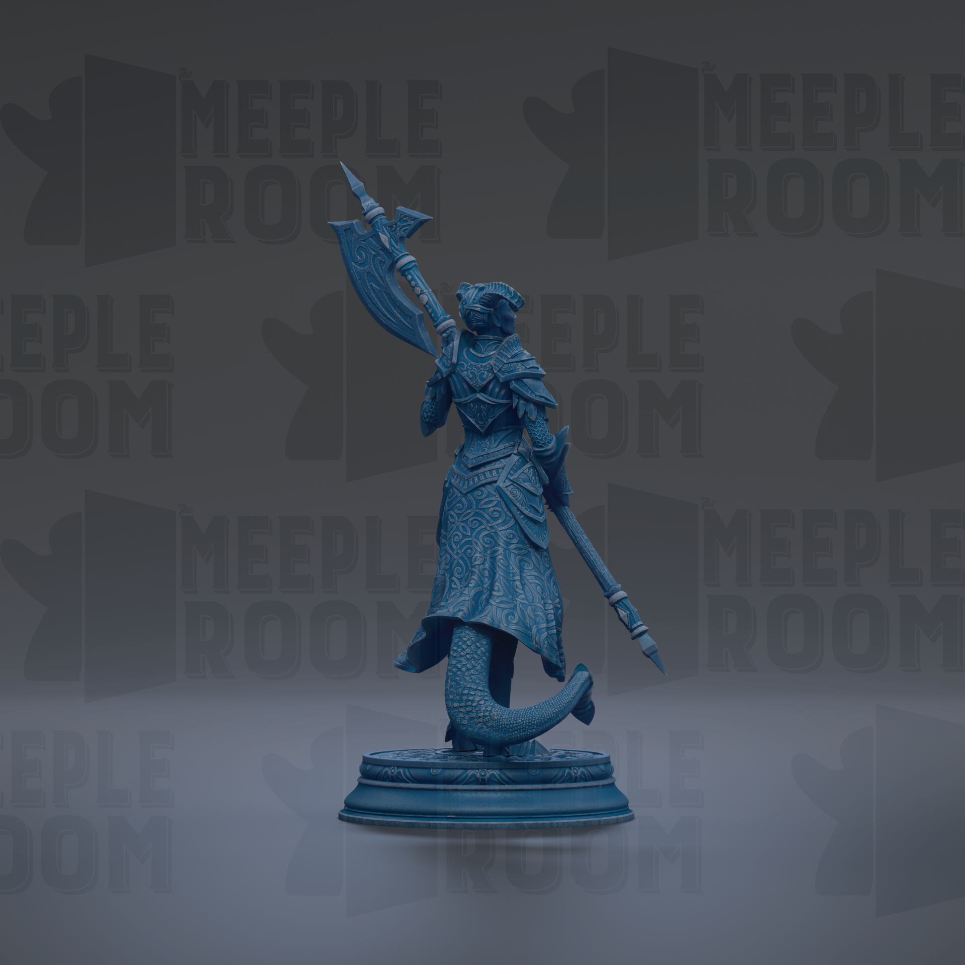 A blue statue of a warrior figure holding a spear and shield, standing on a pedestal against a dark background with repeated text.