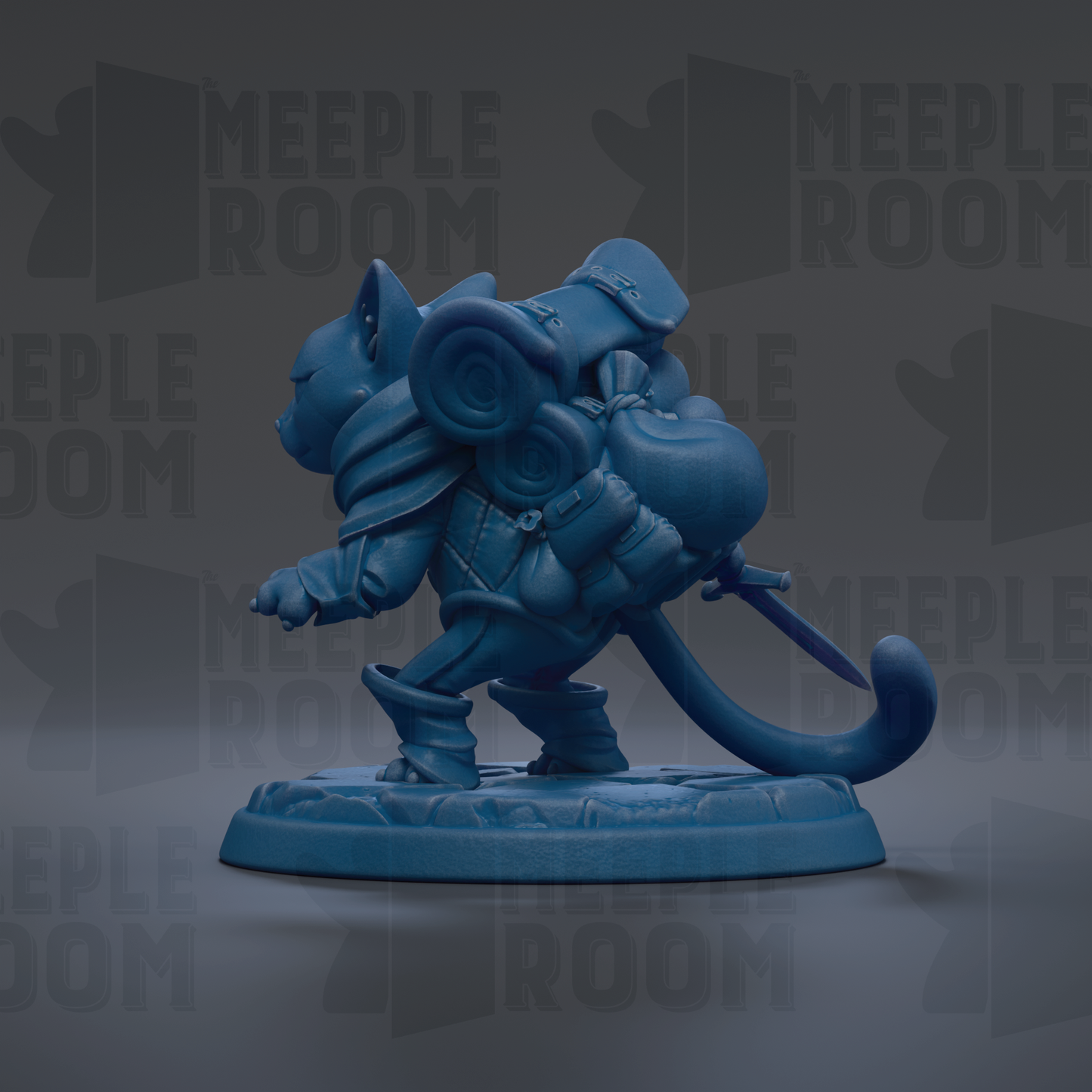 A blue figurine of a cat-like creature with a backpack and a sword, standing on a base.
