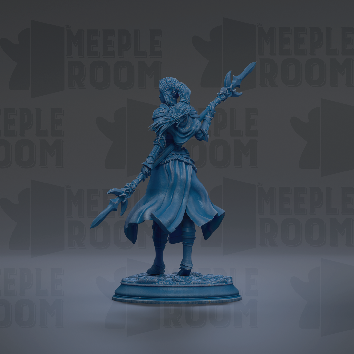 A blue figurine of a person with a sword and shield stands on a pedestal against a dark background with repeated text.