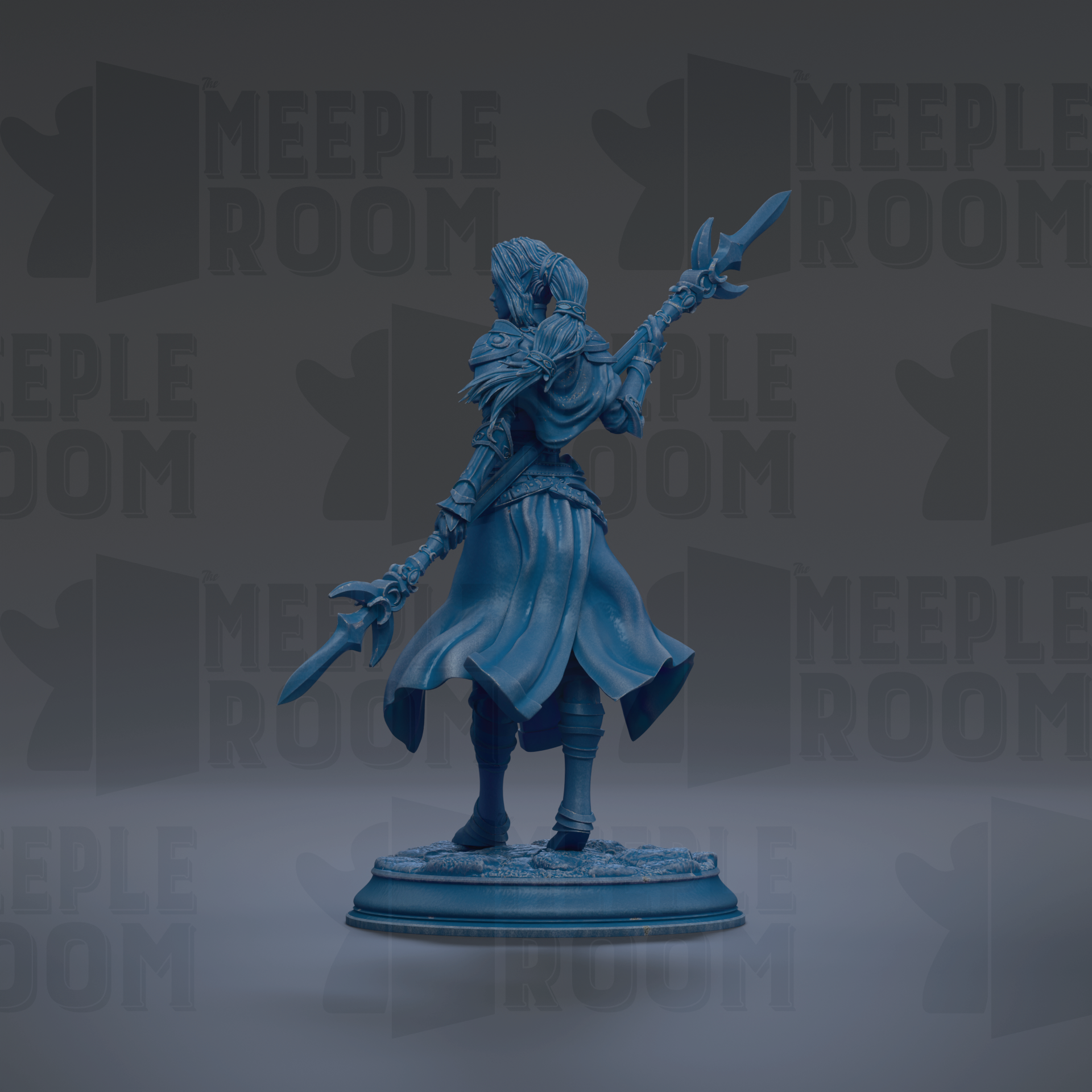 A blue figurine of a person with a sword and shield stands on a pedestal against a dark background with repeated text.