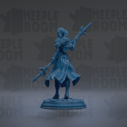 A blue figurine of a person with a sword and shield stands on a pedestal against a dark background with repeated text.