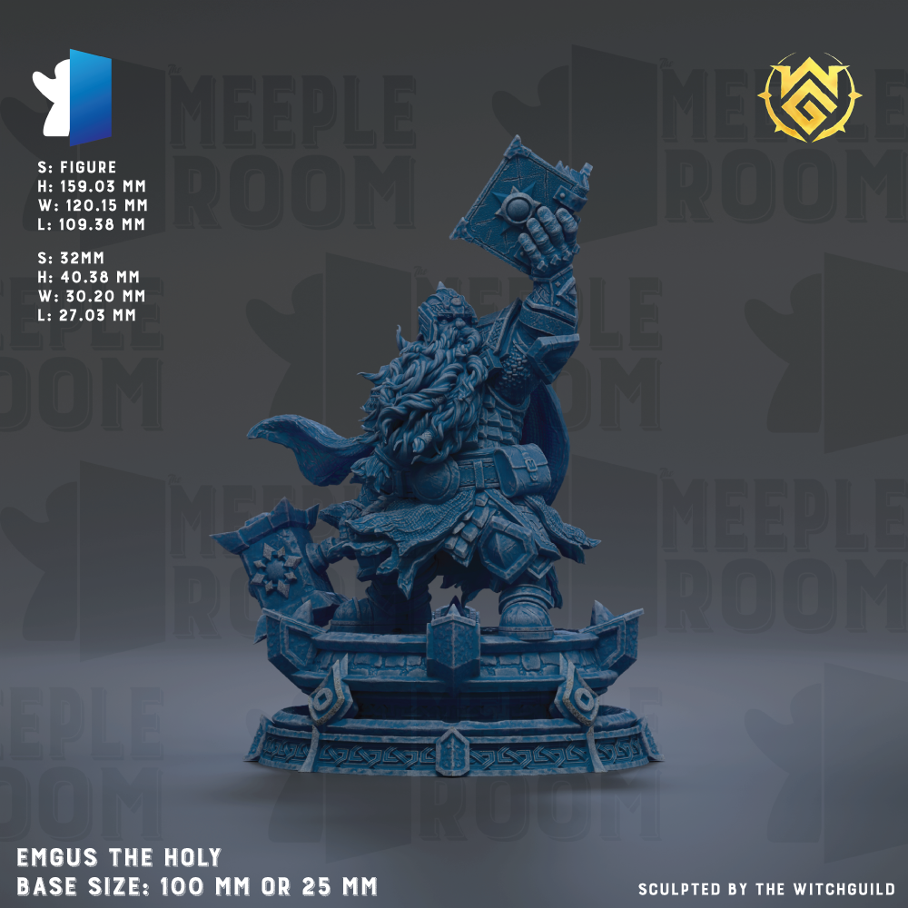 a blue figurine of a deity or deity-like figure, with intricate details and a prominent pose. The base size of the figurine is either 100 mm or 25 mm, depending on the specific description. The sculpture is sculpted by the Witchguild and is presented against a dark background with the text "MEUPLE ROOM" repeated throughout.