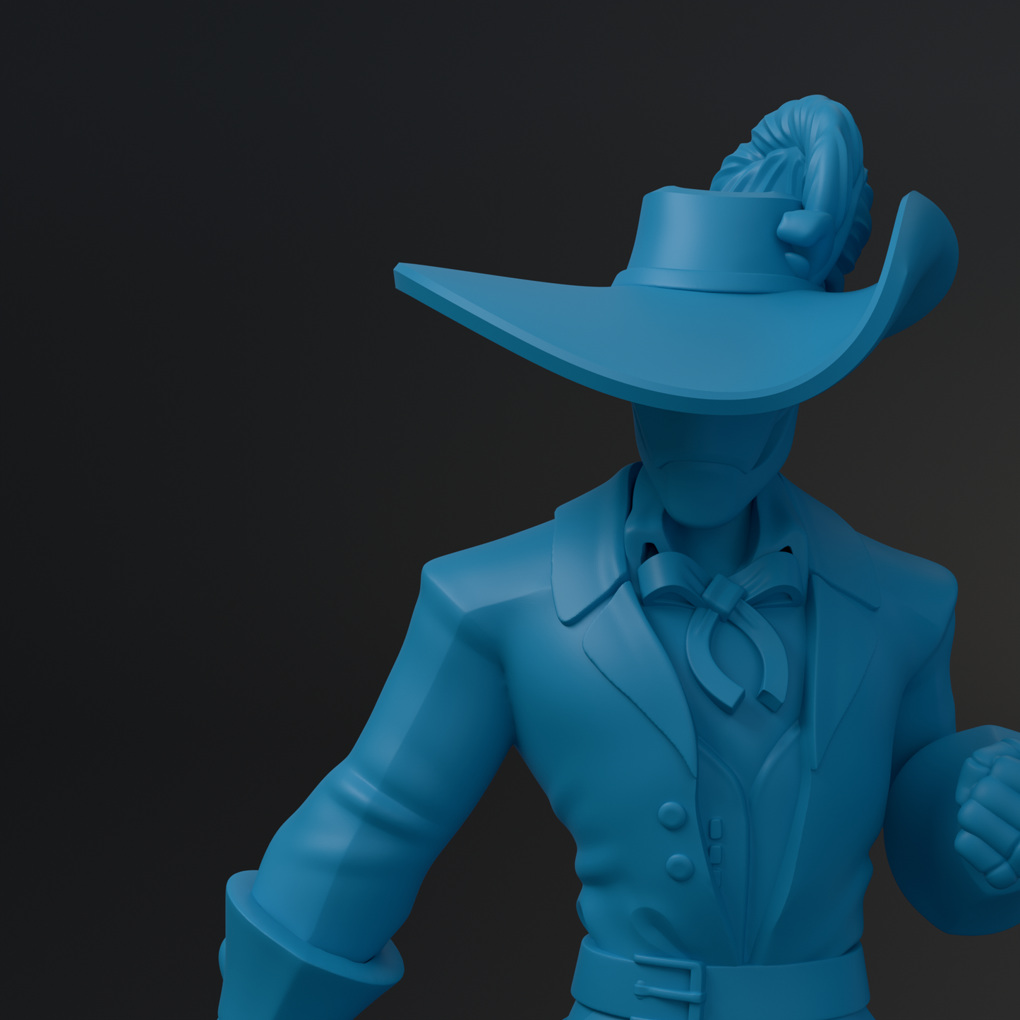 A blue 3D model of a character wearing a hat and a suit, standing against a dark background.
