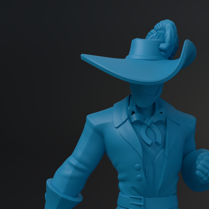 A blue 3D model of a character wearing a hat and a suit, standing against a dark background.