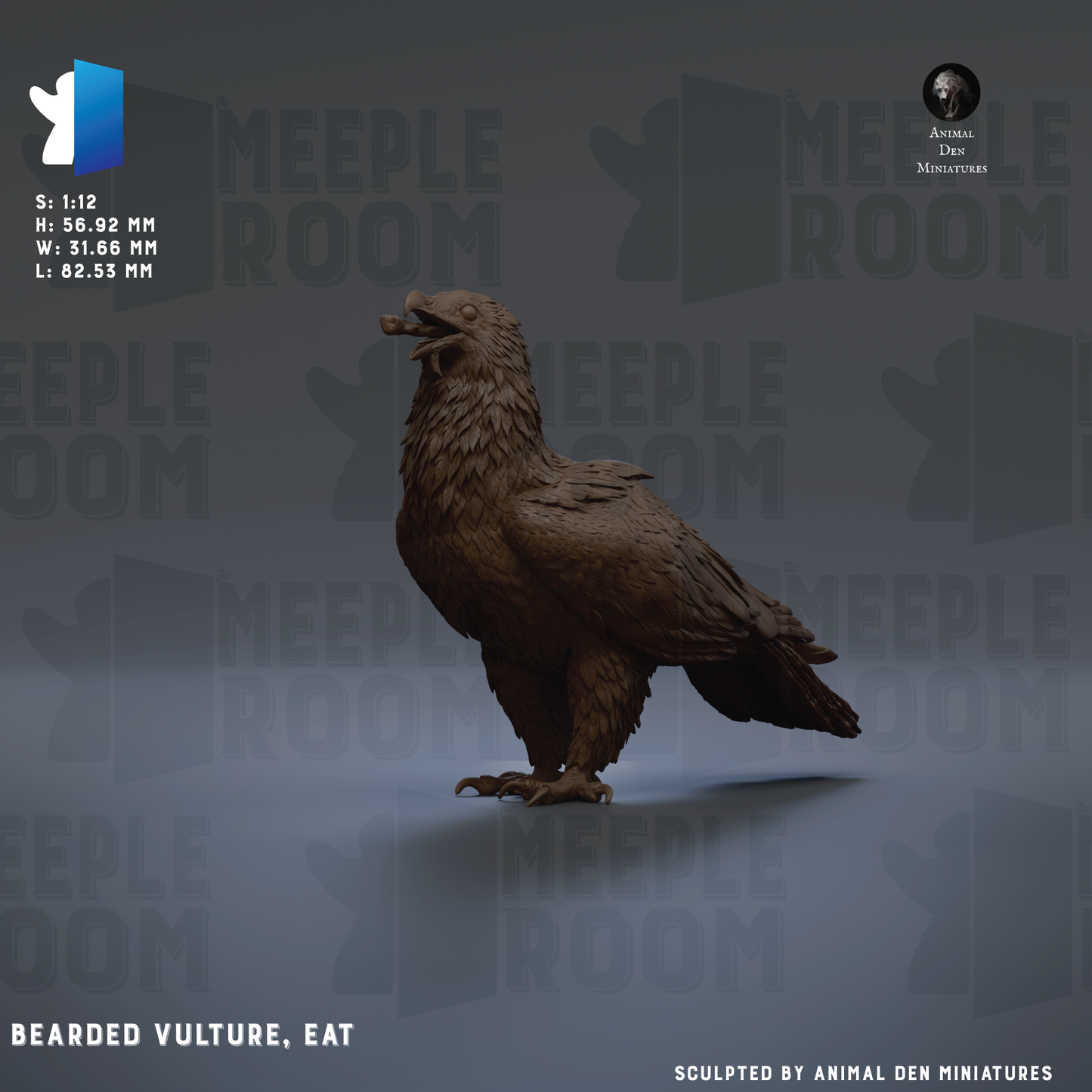 The image is a 3D rendering of a bird, specifically a vulture, with the text "BEARDED VULTURE. EAT" and "Sculpted by Animal Den Miniatures" below it.