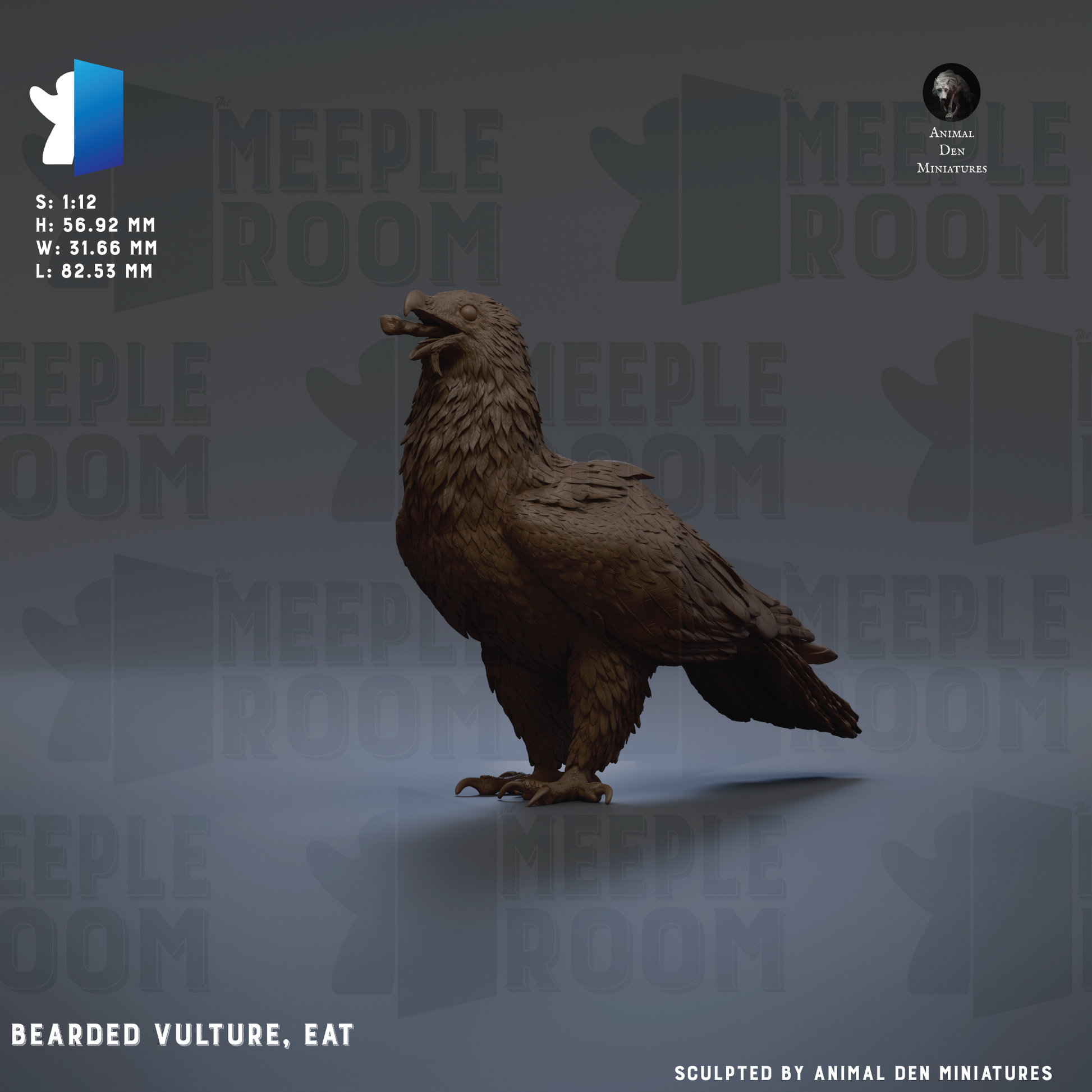 The image is a 3D rendering of a bird, specifically a vulture, with the text "BEARDED VULTURE. EAT" and "Sculpted by Animal Den Miniatures" below it.
