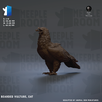 The image is a 3D rendering of a bird, specifically a vulture, with the text "BEARDED VULTURE. EAT" and "Sculpted by Animal Den Miniatures" below it.