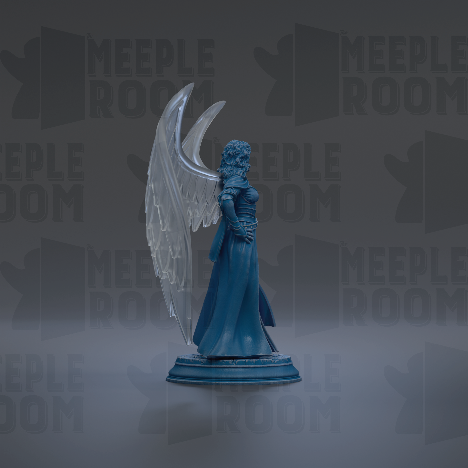 A blue statue of a winged figure stands on a pedestal against a dark background with repeated text.