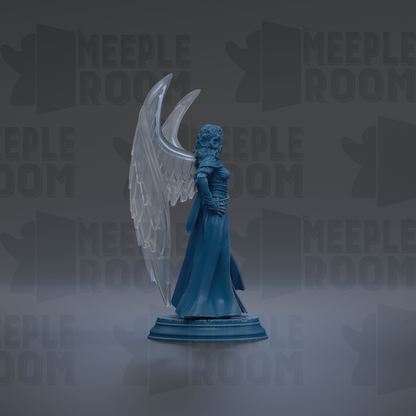 A blue statue of a winged figure stands on a pedestal against a dark background with repeated text.
