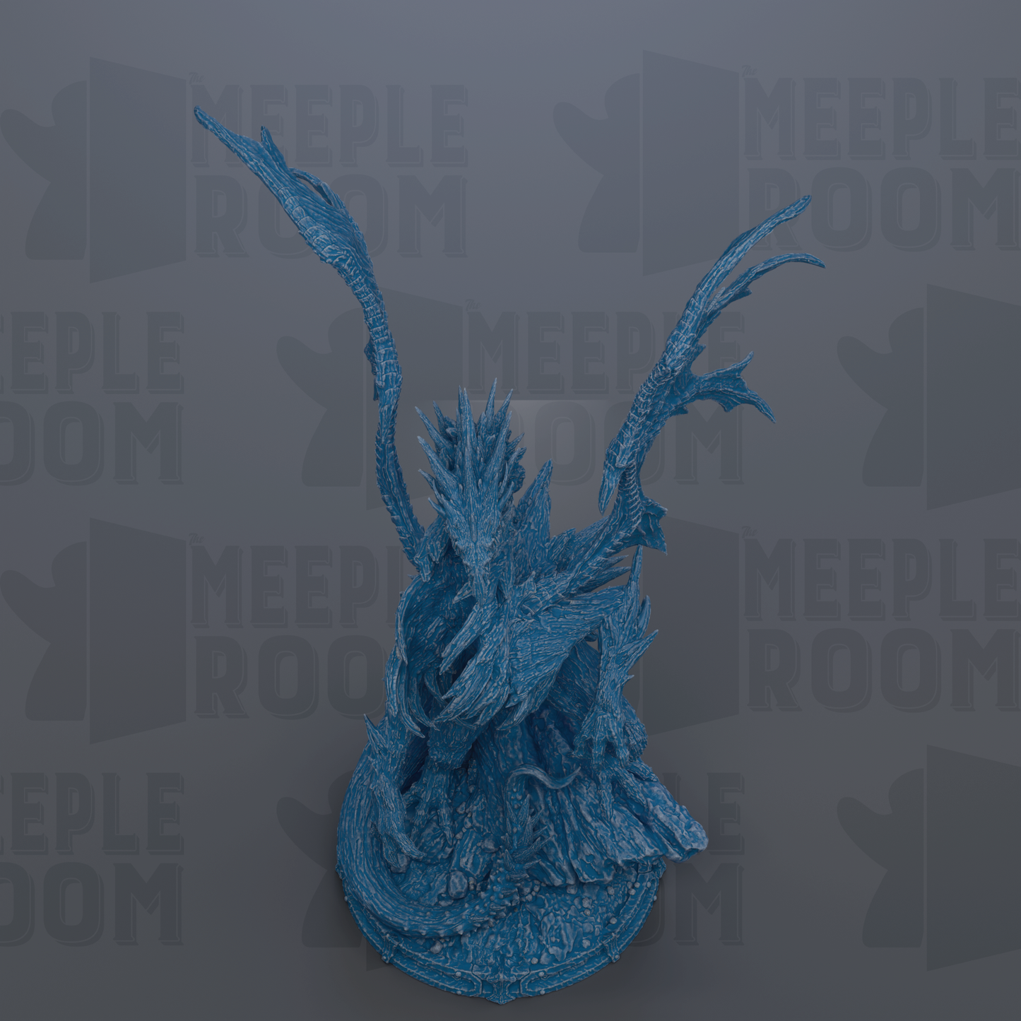 A blue, intricate dragon figurine is displayed against a gray background with repeated "MEIPLE ROOM" text.