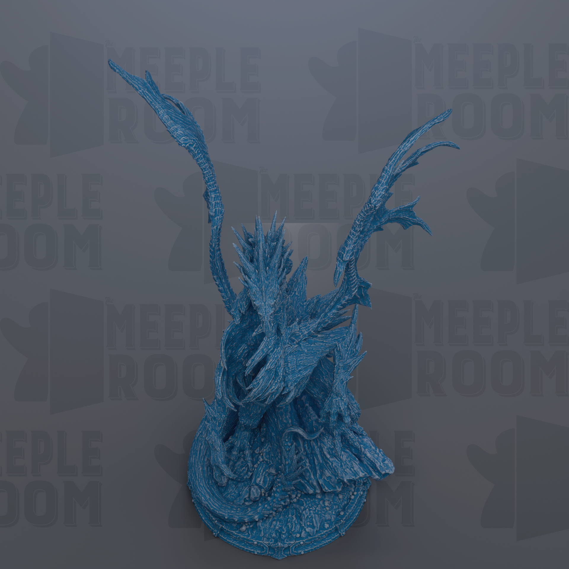 A blue, intricate dragon figurine is displayed against a gray background with repeated "MEIPLE ROOM" text.