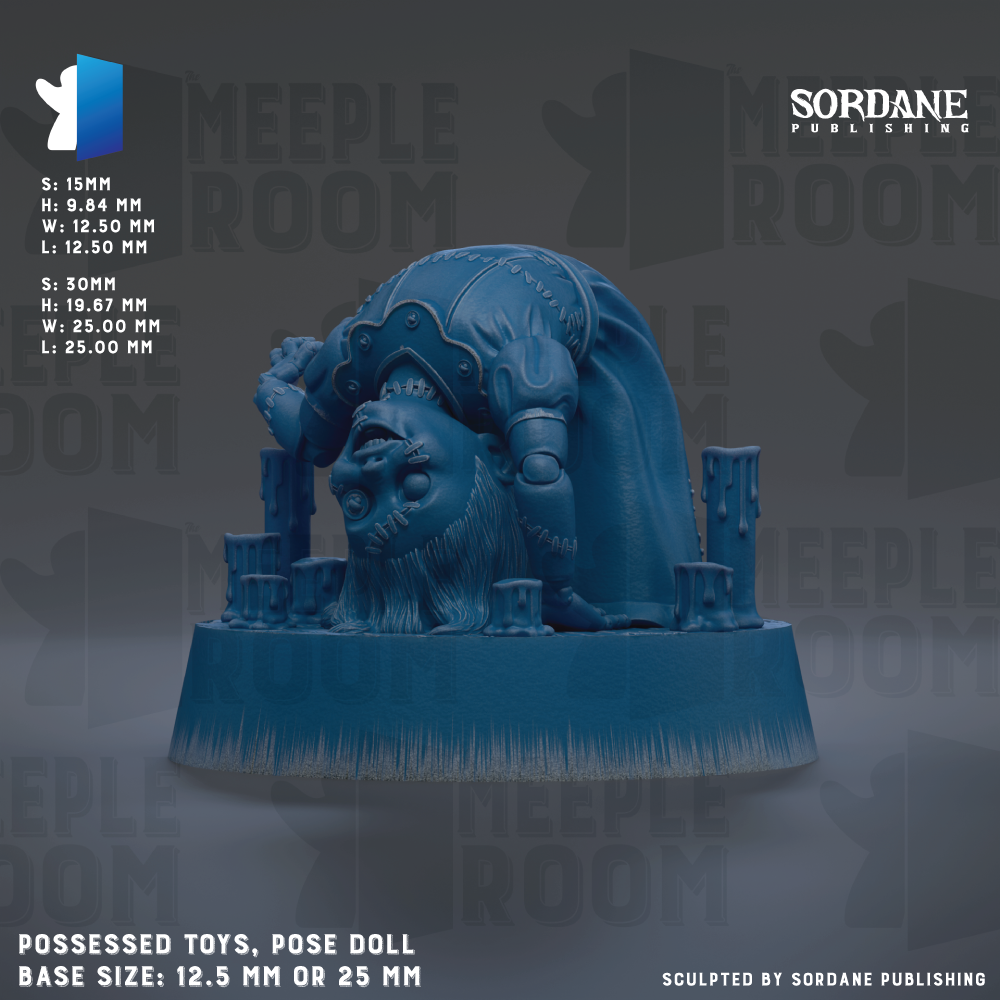 The image is a 3D rendering of a pose doll, specifically a Meeple doll, which is a character from the Harry Potter series. The doll is shown in a crouched position, with its arms and legs bent at the knees, and is placed on a base that is described as being either 12.5 mm or 25 mm in size. The background of the image is a dark blue color, and there is text that provides information about the doll, including its dimensions and the fact that it is published by Sordane Publishing.