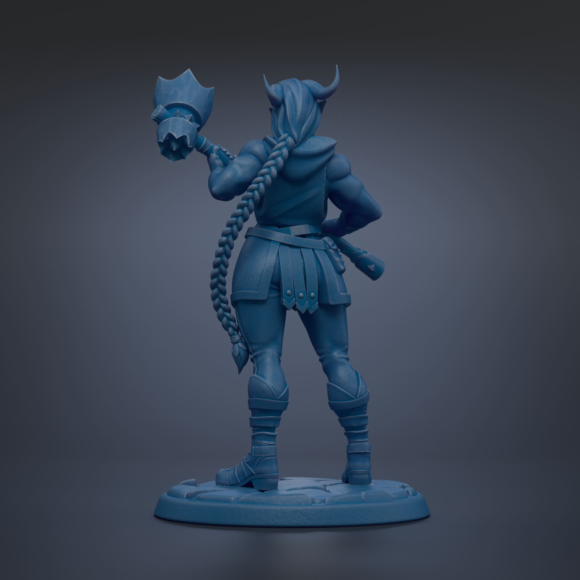 A blue 3D model of a female warrior figure holding a weapon and standing on a platform.