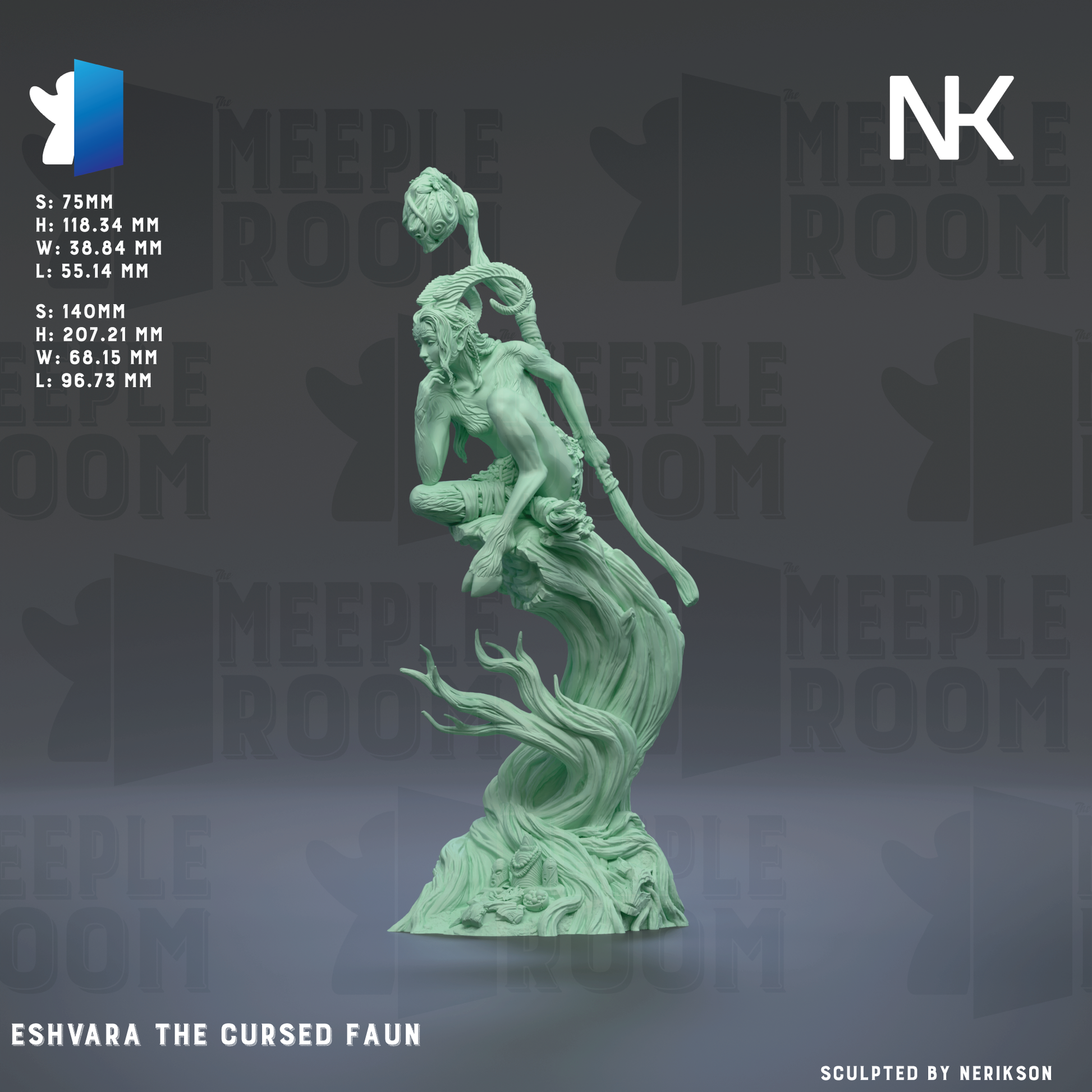 The image is a 3D rendering of a statue of a figure with a long, flowing robe and a staff, set against a dark background with repeated text.