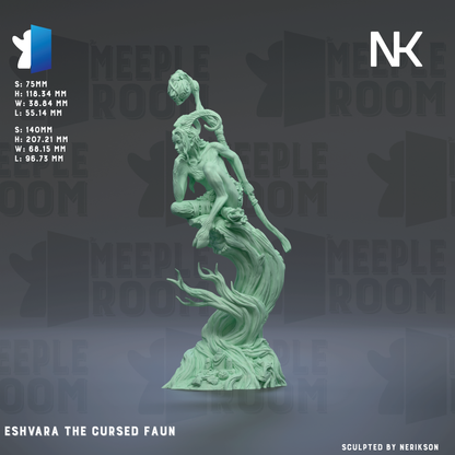 The image is a 3D rendering of a statue of a figure with a long, flowing robe and a staff, set against a dark background with repeated text.