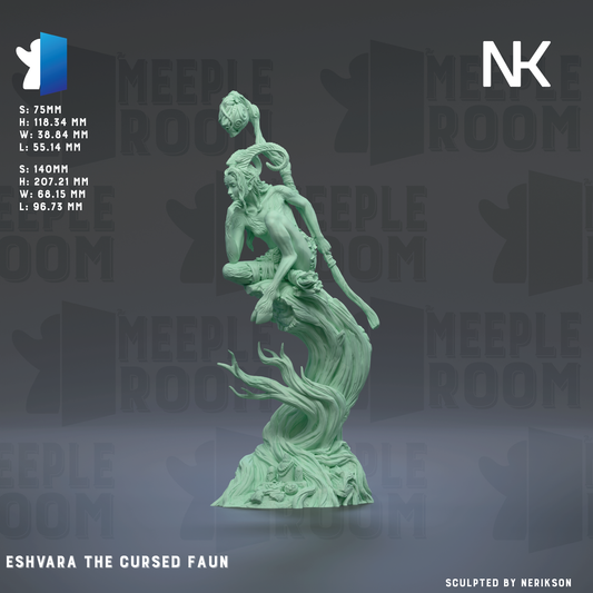The image is a 3D rendering of a statue of a figure with a long, flowing robe and a staff, set against a dark background with repeated text.