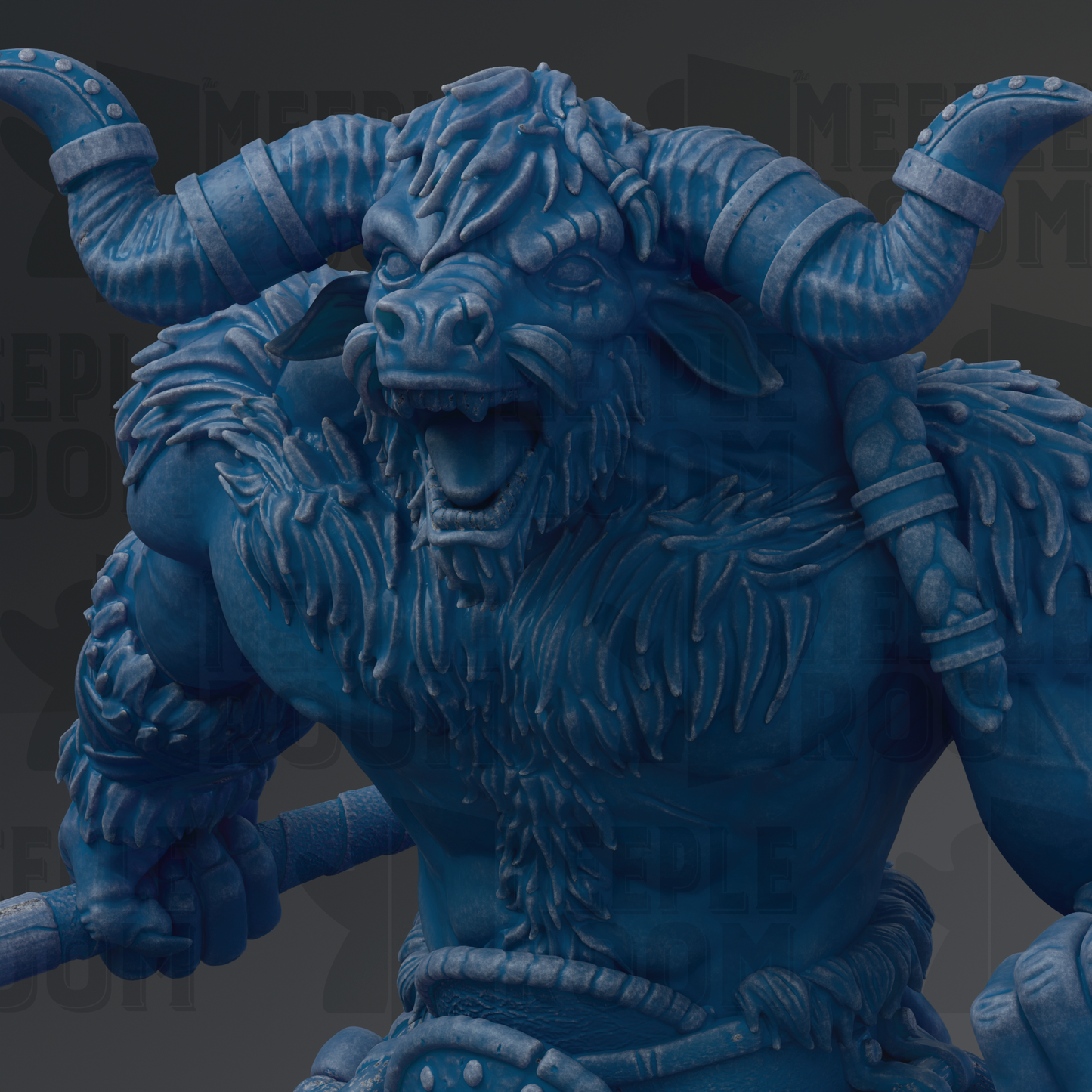 A close-up view of a detailed, blue-colored statue depicting a fierce, horned creature with a fierce expression.