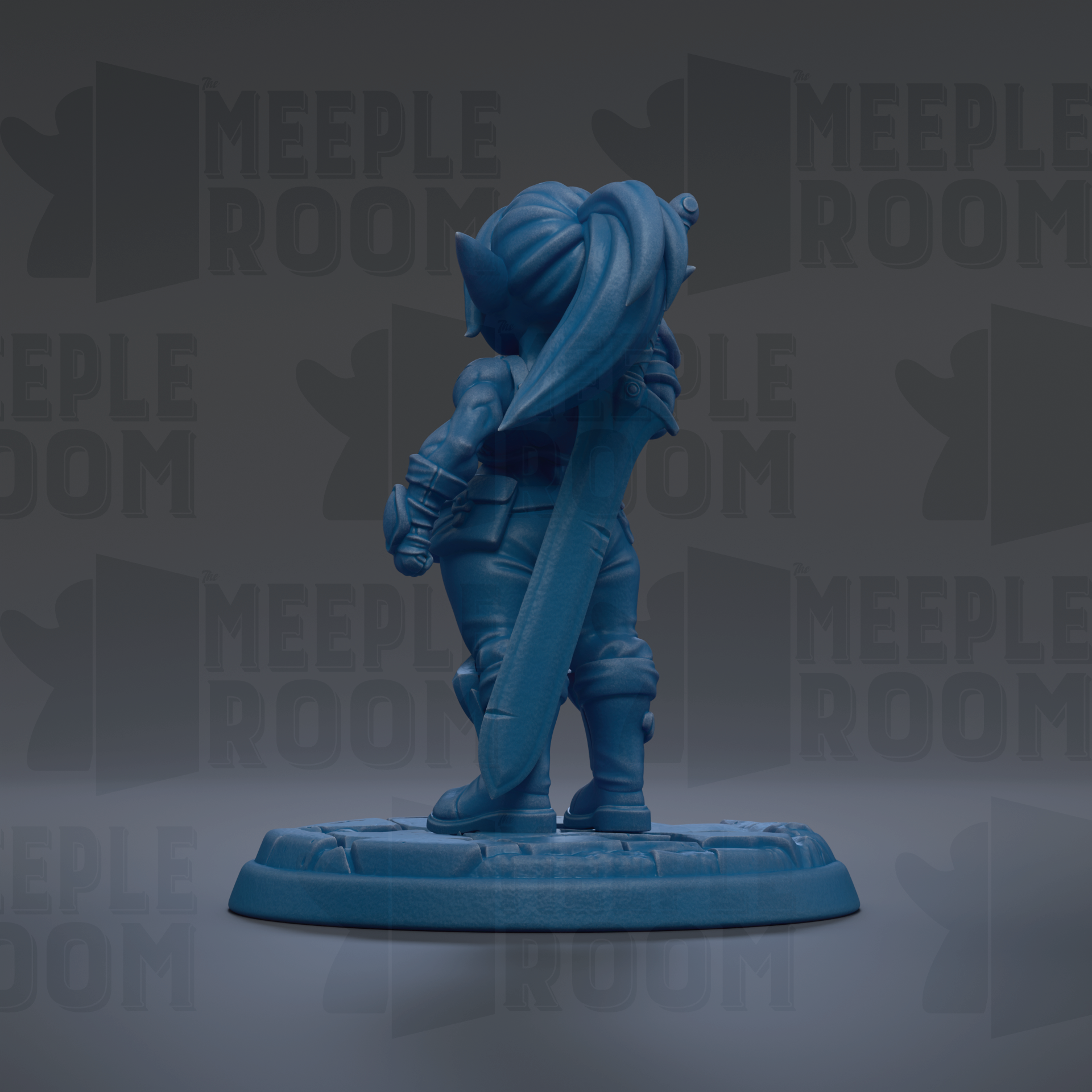 A blue figurine of a character with a sword stands on a base against a dark background with repeated text.
