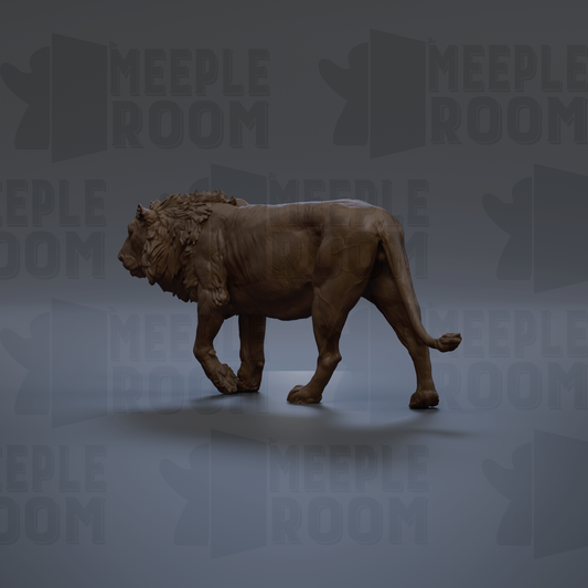 A 3D rendering of a lion statue is shown against a dark background with repeated text.