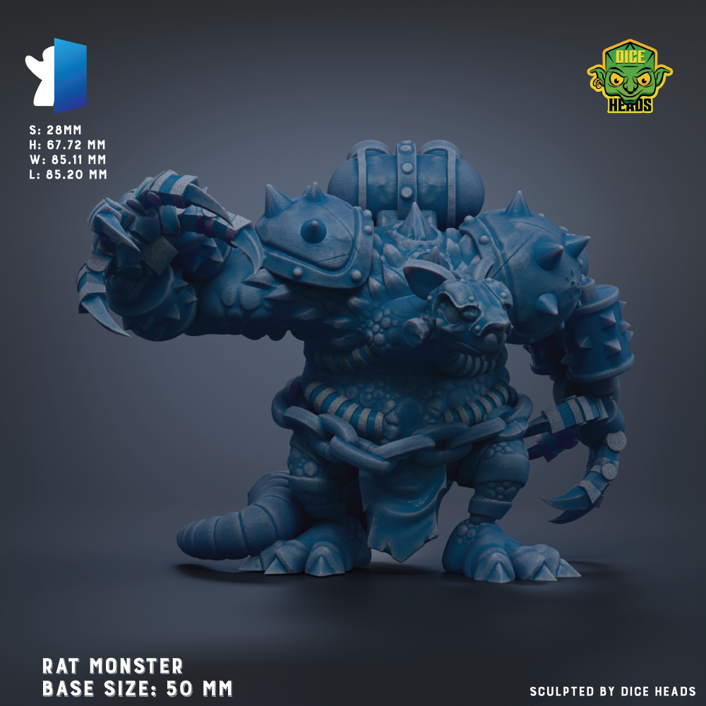 The image is a detailed 3D rendering of a blue, armored monster-like creature with spikes and claws, likely a rat-like monster. The creature is shown in a crouching position, with its arms and legs spread out. The image is described as a "RAT MONSTER" and is based on a "BASE SIZE: 50 MM". The image is described as "SCULPTED BY DICE HEADS".