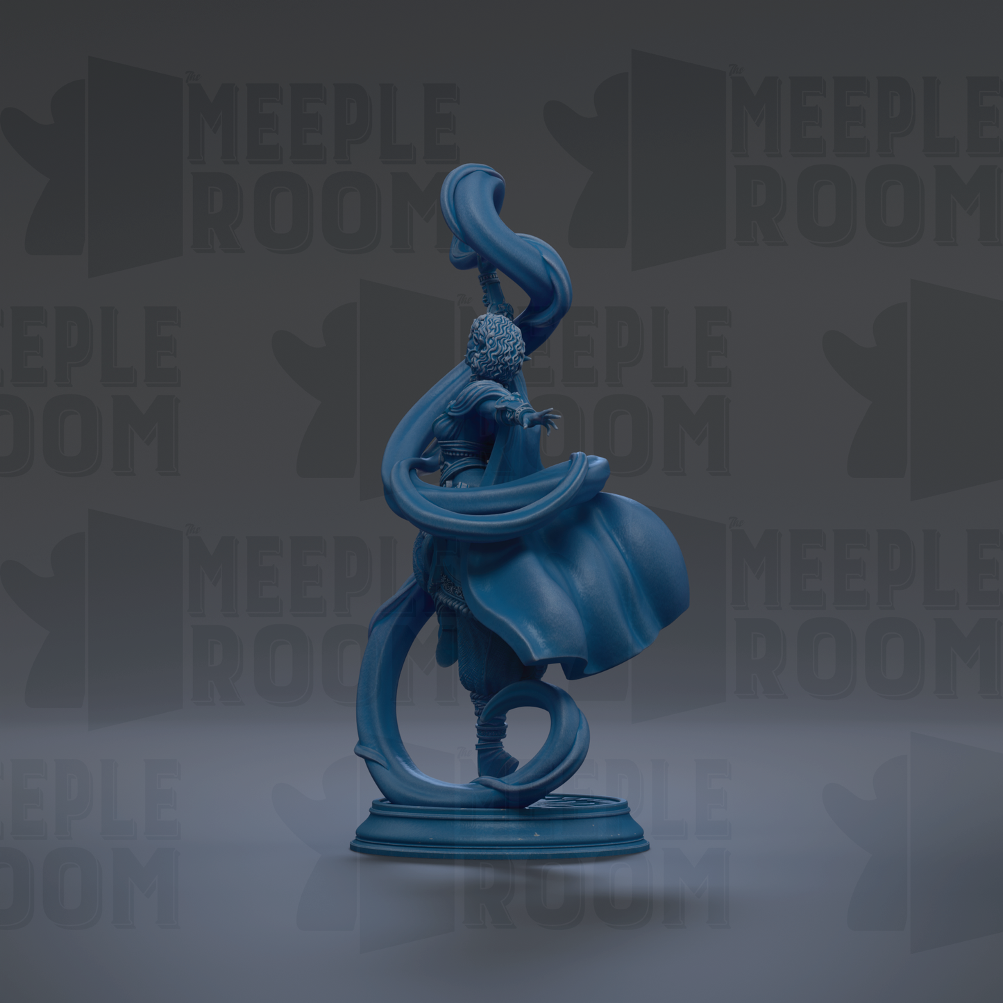 A blue statue of a figure with flowing robes and a large headdress stands on a pedestal against a dark background with repeated text.